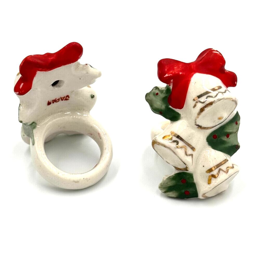 Vintage Mid Century Japanese Ceramic Christmas Bells & Holly Candle Rings